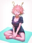  1girl absurdres ashido_mina black_sclera boku_no_hero_academia highres horns one_eye_closed open_mouth pink_hair pink_skin shirt simple_background solo striped striped_shirt yatisi yellow_eyes 