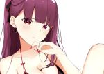  1girl bangs bare_shoulders bikini black_bikini blush bow_bikini braid breasts cleavage closed_mouth earrings eyebrows_visible_through_hair french_braid girls_frontline hair_ribbon half_updo halter_top halterneck hand_up ichiki_1 jewelry large_breasts long_hair looking_at_viewer nail_polish one_side_up purple_hair red_eyes red_nails ribbon simple_background sitting solo swimsuit very_long_hair wa2000_(girls_frontline) white_background 