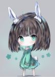  1girl ahoge animal_ears bangs bare_shoulders barefoot blush brown_hair bunny_girl bunny_tail closed_mouth commentary_request copyright_request cottontailtokki dress eyebrows_visible_through_hair full_body green_dress green_eyes green_hair grey_background hair_between_eyes long_hair long_sleeves multicolored_hair rabbit_ears sleeves_past_fingers sleeves_past_wrists smile solo standing tail two-tone_hair 