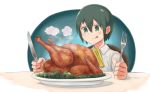  1girl androgynous commentary food fork green_eyes green_hair highres holding holding_fork holding_knife kino kino_no_tabi knife licking_lips short_hair solo steam tauke tongue tongue_out turkey_(food) 