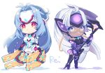  2girls android bare_shoulders blue_eyes blue_hair breasts cleavage cyborg dark_skin elbow_gloves expressionless forehead_protector glasses gloves himono_xeno kos-mos kos-mos_re: leotard long_hair looking_at_viewer multiple_girls nintendo red_eyes silver_hair smile standing t-elos t-elos_re thigh-highs very_long_hair white_leotard xenoblade_(series) xenoblade_2 xenosaga xenosaga_episode_iii 