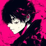  1boy 3kuma black_eyes black_hair expressionless magenta_background male_focus original pink pink_background profile short_hair signature splatter upper_body 