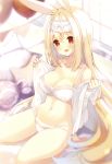  :d absurdres animal_ears bangs blonde_hair blurry bow bow_bra bra breasts cleavage collarbone cynthia_riddle frilled_headband frills head_tilt highres lace lace-trimmed_bra lace-trimmed_panties light_blush long_hair looking_at_viewer medium_breasts navel no_pants off_shoulder open_clothes open_mouth open_shirt original p19 panties rabbit_ears red_eyes seiza shirt sitting smile underwear undressing very_long_hair white_bra white_headband white_panties white_shirt 