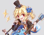  1girl aiguillette alternate_costume alternate_hairstyle blonde_hair blue_cape blue_flower cape commentary_request flower girls_frontline guitar hair_between_eyes hair_flower hair_ornament hat highres holding holding_instrument instrument matsuo_(matuonoie) nagant_revolver_(girls_frontline) open_mouth portrait red_eyes simple_background solo top_hat 