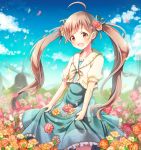  1girl :d ahoge aqua_dress aqua_ribbon blue_sky brown_eyes brown_hair clouds collarbone daisy day dress eyebrows_visible_through_hair field floating_hair flower flower_field frilled_dress frills hair_flower hair_ornament hair_ribbon hakozaki_serika idolmaster idolmaster_million_live! long_hair open_mouth outdoors pink_flower ribbon serino_itsuki short_sleeves skirt_hold sky smile solo standing sundress twintails very_long_hair white_flower yellow_cardigan yellow_flower 