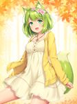  1girl :d animal_ear_fluff animal_ears bangs beige_dress breasts eyebrows_visible_through_hair flower fox_ears fox_tail green_eyes green_hair hair_flower hair_ornament heart heart_necklace highres jacket leaf long_sleeves looking_at_viewer open_clothes open_jacket open_mouth original sasaame shiny shiny_skin short_hair small_breasts smile solo tail unbuttoned yellow_jacket 