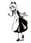  1girl apron bow bowtie commentary_request dress full_body greyscale hair_bow long_sleeves maid maid_apron mary_janes monochrome original shoes short_sleeves simple_background solo standing tonmoh walking white_background 