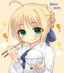  1girl :t ahoge artoria_pendragon_(all) blonde_hair blue_bow blush bow bowl braid brown_background chopsticks clostridium_tetani collared_shirt eating fate/stay_night fate_(series) fingernails food food_on_face green_eyes hair_bow holding holding_bowl holding_chopsticks long_hair long_sleeves marshmallow_mille rice rice_bowl rice_on_face saber shirt sidelocks solo twitter_username white_shirt 