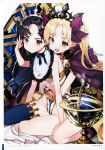  2girls absurdres arm_support artist_name bangs bare_arms bare_shoulders bib black_hair black_neckwear black_ribbon blonde_hair border bow cape carrot_print chungu earrings ereshkigal_(fate/grand_order) eyebrows_visible_through_hair fate/grand_order fate_(series) feet_out_of_frame food_print forehead frills hair_bow hand_in_another&#039;s_hair hand_up highres hooded_cape ishtar_(fate/grand_order) jewelry lens_flare long_hair looking_at_viewer multiple_girls neck_ribbon open_mouth page_number purple_bow purple_cape red_eyes ribbon scan seiza shadow simple_background single_thighhigh sitting sweat thigh-highs thighs tiara translated twintails very_long_hair white_background white_border younger 