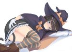  1girl absurdres alternate_costume animal_ears asashio_(kantai_collection) black_hair black_legwear blue_eyes blush cat_ears cat_tail closed_mouth fake_animal_ears fake_tail halloween halloween_costume hat highres kantai_collection long_hair lying miyoko_chan_(myo_kou) pleated_skirt red_ribbon remodel_(kantai_collection) ribbon school_uniform shirt short_sleeves simple_background skirt solo striped striped_legwear tail thigh-highs white_background white_shirt witch witch_hat 