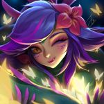  ;p eyelashes face flower hair_flower hair_ornament holding_tail jz league_of_legends lizard_girl looking_at_viewer monster_girl neeko_(league_of_legends) one_eye_closed slit_pupils tail tongue tongue_out yellow_eyes 