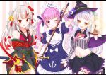  3girls absurdres anchor_symbol bell collarbone commentary_request detached_sleeves gloves hair_bun hair_ribbon hat highres hololive horns katana lavender_hair leg_up long_hair looking_at_viewer magic_circle maid_headdress mask mask_on_head midriff minato_aqua multiple_girls murasaki_shion nakiri_ayame navel open_mouth pointing pointing_at_viewer purple_hair red_eyes ribbon silver_hair sword tongue tongue_out twintails virtual_youtuber weapon witch_hat yellow_eyes 
