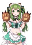  1girl :p animal_ears animare apron arm_garter armpit_crease bangs bare_shoulders bear_ears bear_paws blush bow bowtie breasts choker cleavage closed_mouth commentary_request cowboy_shot crop_top cross-laced_clothes detached_collar frilled_skirt frills green_bow green_choker green_eyes green_hair green_neckwear green_skirt hair_bow hands_up highres hinokuma_ran long_hair looking_at_viewer maid maid_apron maid_headdress maka_neko medium_breasts midriff miniskirt navel sidelocks simple_background skirt sleeveless smile solo standing stomach tareme tongue tongue_out two_side_up virtual_youtuber white_background white_bow 
