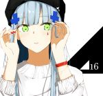  1girl bangs beanie blunt_bangs blush bracelet breasts casual eyebrows_visible_through_hair facial_mark girls_frontline green_eyes hair_ornament hat highres hk416_(girls_frontline) ichiki_1 jewelry long_hair looking_at_viewer medium_breasts nail_polish parted_lips red_nails sidelocks silver_hair solo sweater teardrop very_long_hair white_sweater wristband 