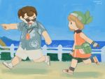  1boy 1girl 2016 :d blue_sky brown_hair creatures_(company) day enishida_(pokemon) fence game_freak grass haruka_(pokemon) highres light_brown_hair nakamime nintendo ocean open_mouth outdoors pointing pokemon pokemon_(game) pokemon_emerald pokemon_rse running shoes signature sky smile 