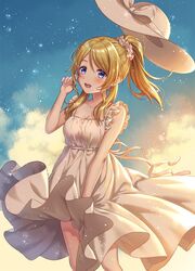  1girl :d ayase_eli bangs blonde_hair blue_sky blush bow breasts cleavage clouds collar dress floating_hair hair_ornament hair_scrunchie hat hat_bow high_ponytail highres kuroki_(ma-na-tu) long_hair love_live! love_live!_school_idol_project medium_breasts open_mouth parted_bangs rei_no_himo ribbon scrunchie shiny shiny_hair sidelocks sky sleeveless sleeveless_dress smile solo standing sun_hat sundress white_bow white_dress white_hat white_ribbon white_scrunchie wind wind_lift 