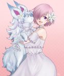  1girl :d animal choker dress fate/grand_order fate_(series) flower ginshima_jill hair_flower hair_ornament hair_over_one_eye highres holding holding_animal looking_at_viewer mash_kyrielight open_mouth pink_background pink_hair ribbon ribbon_choker short_hair short_sleeves shoulder_cutout simple_background smile solo standing violet_eyes white_dress white_flower white_ribbon 
