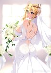  1girl ahoge artoria_pendragon_(all) artoria_pendragon_(lancer) ass bangs blonde_hair blue_eyes blurry bouquet breasts bridal_veil crown depth_of_field dress eyebrows_visible_through_hair fate/grand_order fate_(series) flower from_behind hair_between_eyes highres large_breasts looking_at_viewer looking_back rose short_hair sidelocks solo standing twitter_username veil wedding_dress white_dress white_flower white_rose zeroshiki_kouichi 