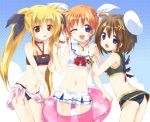  3girls :d ;d adapted_uniform ass backlighting bangs bardiche beret bikini bikini_skirt black_bikini black_ribbon black_skirt black_wings blonde_hair blue_background blue_eyes bow bowtie breasts brown_hair collared_bikini commentary_request cup eyebrows_visible_through_hair fate_testarossa frilled_skirt frills from_behind groin hair_ornament hair_ribbon hand_holding hands_on_another&#039;s_shoulder hat holding holding_cup holding_innertube innertube interlocked_fingers jewelry kuroi_mimei light_blush light_smile long_hair looking_at_viewer looking_back lyrical_nanoha magical_girl mahou_shoujo_lyrical_nanoha mahou_shoujo_lyrical_nanoha_a&#039;s microskirt multiple_girls navel necklace one_eye_closed open_mouth parted_lips pink_sarong pleated_skirt polka_dot polka_dot_background raising_heart red_eyes red_neckwear ribbon schwertkreuz short_hair short_twintails skirt small_breasts smile standing swimsuit takamachi_nanoha thighs twintails violet_eyes white_bikini white_hat white_ribbon white_skirt wings x_hair_ornament yagami_hayate 