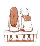  2girls commentary_request from_behind full_body long_hair long_sleeves multiple_girls on_bench original pantyhose sailor_collar school_uniform sepia serafuku shoes short_hair side-by-side simple_background sitting tonmoh 