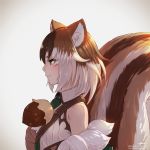  1girl acorn animal_ear_fluff animal_ears backlighting bare_shoulders brown_hair clothing_request commentary_request eyebrows_visible_through_hair green_eyes green_neckwear highres large_tail medium_hair monster_girl_encyclopedia multicolored_hair necktie profile ratatoskr_(monster_girl_encyclopedia) sidelocks solo squirrel_ears squirrel_tail streaked_hair tail takami_masahiro twitter_username watermark web_address white_background white_hair 