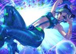  1girl armpits blue_lipstick boots bug butterfly crop_top double_bun eyebrows_visible_through_hair gradient gradient_background hair_bun high_heel_boots high_heels highres insect jojo_no_kimyou_na_bouken kotatsu_(g-rough) kuujou_jolyne lipstick makeup multicolored_hair navel solo spider_web_print stomach stone_ocean suspenders two-tone_hair 