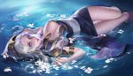 1girl armlet arrow artist_request ashe_(league_of_legends) black_dress breasts cleavage dress flower gem highres hood lace large_breasts lavender_eyes league_of_legends lips long_hair lying on_back partially_submerged petals realistic sash shoulder_armor solo water wet white_hair 