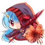  1girl bangs black_cape black_flower blue_hair brown_flower cape chibi closed_mouth commentary_request eyebrows_visible_through_hair fingerless_gloves flower flower_knight_girl full_body gloves hair_between_eyes holding holding_spear holding_weapon hood hood_up hooded_cape horn long_hair looking_at_viewer object_namesake oniyuri_(flower_knight_girl) polearm red_eyes shachoo. shadow solo spear very_long_hair weapon white_background 