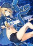  1girl ahoge artoria_pendragon_(all) baseball_cap black_hat black_shorts blonde_hair blue_background blue_eyes blue_jacket breasts excalibur fate/grand_order fate_(series) groin hair_between_eyes hakuishi_aoi hat holding holding_sword holding_weapon jacket long_hair looking_at_viewer mysterious_heroine_xx_(foreigner) navel open_clothes open_jacket ponytail short_shorts shorts sidelocks small_breasts solo stomach sword weapon 