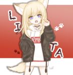  1girl :o animal_ears black_jacket blonde_hair blue_eyes character_name claw_pose dog_ears dog_tail gradient gradient_background hand_in_pocket highres hood hoodie jacket kmnz long_hair long_sleeves mc_lita no_pants open_clothes open_jacket paw_background red_background shizu_(huuhime0531) signature simple_background tail virtual_youtuber white_background white_hoodie 