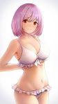  1girl absurdres arms_behind_back bangs bare_shoulders bikini blush breasts cleavage closed_mouth collarbone curvy eyebrows_visible_through_hair fou_zi frilled_bikini frills highres large_breasts legs_together looking_at_viewer navel orange_eyes pink_hair revision shinjou_akane short_hair simple_background smile ssss.gridman standing swimsuit white_background white_bikini 
