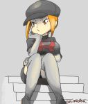  1girl breasts creatures_(company) game_freak hand_on_own_chin nintendo onimotsu orange_eyes orange_hair pokemon pokemon_(game) pokemon_lgpe skirt team_rocket_grunt 