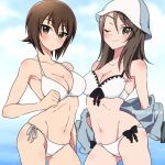  2girls bangs bikini blue_hat blue_jacket blue_sky bow_bikini breasts brown_eyes brown_hair cleavage closed_mouth clouds cloudy_sky collarbone commentary cowboy_shot crotch_seam day eyebrows_visible_through_hair girls_und_panzer groin hat jacket kari_okome keizoku_military_uniform light_blush light_frown long_hair looking_at_viewer medium_breasts mika_(girls_und_panzer) military military_uniform multiple_girls navel nishizumi_maho off_shoulder one_eye_closed outdoors ribs short_hair side-tie_bikini sky smile standing swimsuit thighs track_jacket twitter_username undressing uniform white_bikini 