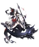  1girl asymmetrical_hair blood bloody_clothes blue_eyes breasts elbow_gloves eyebrows_visible_through_hair feather_trim flower full_body garter_straps gloves holding holding_weapon huge_weapon ji_no looking_at_viewer medium_breasts navel_cutout official_art rose scythe sinoalice snow_white_(sinoalice) solo thigh-highs transparent_background weapon white_hair 