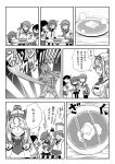  akebono_(kantai_collection) bell butter butter_knife comic fighting_stance food hair_bell hair_ornament headgear highres ikazuchi_(kantai_collection) jingle_bell kantai_collection long_hair military military_uniform monochrome nelson_(kantai_collection) open_mouth otoufu pancake parody pose school_uniform short_hair side_ponytail skirt sunrise_stance translation_request uniform ushio_(kantai_collection) very_long_hair weapon 