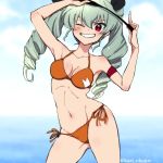  1girl anchovy armband arms_up ass_visible_through_thighs bangs bikini black_ribbon blue_sky breasts clouds cloudy_sky commentary contrapposto cowboy_shot day drill_hair eyebrows_visible_through_hair girls_und_panzer green_hair grin hair_ribbon holding kari_okome leaning_to_the_side long_hair looking_at_viewer medium_breasts one_eye_closed orange_bikini outdoors print_bikini red_eyes ribbon riding_crop side-tie_bikini skindentation sky smile solo standing swimsuit twin_drills twintails twitter_username v-shaped_eyebrows 