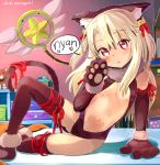  1girl animal_ears arm_support arm_up artist_name ass_visible_through_thighs bell black_gloves black_legwear black_leotard blonde_hair breasts cat_ears cat_tail center_opening cleavage commentary_request dada_(esoragoto) elbow_gloves fake_animal_ears fate/kaleid_liner_prisma_illya fate_(series) gloves hair_ornament hand_to_own_mouth illyasviel_von_einzbern jingle_bell kaleidostick leaning_to_the_side leotard long_hair magical_ruby navel paw_gloves paws red_eyes ribbon signature sitting small_breasts solo tail tail_ribbon thigh-highs thigh_ribbon two_side_up 