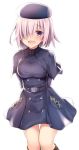  1girl :d arms_behind_back bankoku_ayuya belt black_capelet black_coat black_hat blush capelet eyebrows_visible_through_hair fate/grand_order fate_(series) hat looking_at_viewer mash_kyrielight open_mouth pink_hair short_hair simple_background smile solo standing violet_eyes white_background 