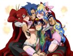  between_breasts blue_hair blush breast_rest breast_smother breasts drill goggles goggles_on_head grin happy head_between_breasts headboob hug kamina nia_teppelin red_hair redhead simon smile tengen_toppa_gurren_lagann thighhighs time_paradox wink yoko_littner yoko_ritona 