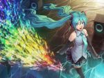  aqua_hair detached_sleeves floating_hair gradient hatsune_miku headphones long_hair looking_at_viewer looking_up microphone musical_note musical_notes necktie open_mouth ripples ryuutetsu skirt smile speaker speakers thigh-highs thighhighs twintails vocaloid walking water zettai_ryouiki 