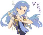  blue_hair blunt_bangs hair_tubes hairband kaisen kannagi long_hair nagi purple_eyes smile solo tank_top translation_request twintails wand 