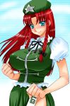  china_dress chinadress chinese_clothes hat hong_meiling huge_breasts large_breasts long_hair red_hair redhead ribbon tooru_jin touhou twintails 