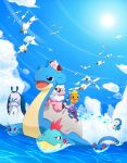  artist_request bubble cleffa clouds croconaw flaaffy flying horsea lapras mantine mantyke marill no_humans ocean piplup pokemon pokemon_(creature) remoraid sableye sky sun sunlight surfing torchic wailord wingull 