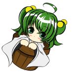  blush bucket girl_in_bucket green_eyes green_hair hair_bobbles hair_ornament in_bucket in_container kisume sanatan simple_background touhou twintails 
