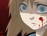  blood_on_face blood_splatter blue_eyes brown_hair close-up crazy_eyes higurashi_no_naku_koro_ni orange_hair ryuuguu_rena solo yandere 