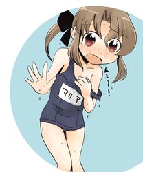  blush brown_eyes brown_hair child hair_ribbon hair_ribbons hayate_no_gotoku! highres koi_(k51) koi_(pixiv187566) loli maria one-piece_swimsuit ribbon ribbons school_swimsuit strap_slip swimsuit twintails wardrobe_malfunction wet young 