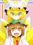  animal_ears blonde_hair brown_eyes brown_hair cat_ears chen fang fangs fox_ears fox_tail hat hecchi_(blanch) hug hug_from_behind multiple_girls multiple_tails open_mouth short_hair smile tail touhou yakumo_ran yellow_eyes 