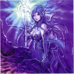  cleavage fantasy highres large_breasts long_hair mermaid monster_girl pointy_ears purple_hair staff wild_flower yamashita_shun'ya yamashita_shunya 