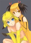  animal_ears black_hair blonde_hair blue_eyes costume elbow_gloves gloves gold_eyes grey_background hair_ribbon kogara moemon multicolored_hair multiple_girls nintendo orange_eyes orange_hair personification pikachu pokemon raichu ribbon satoxpika short_hair simple_background smile tail twintails zapdos 