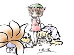  animal_ears backpack bad_id bag blonde_hair blush brown_hair camera cat_ears chen demupausagi fox_tail hat long_hair multiple_girls multiple_tails saliva short_hair tail touhou yakumo_ran yakumo_yukari 